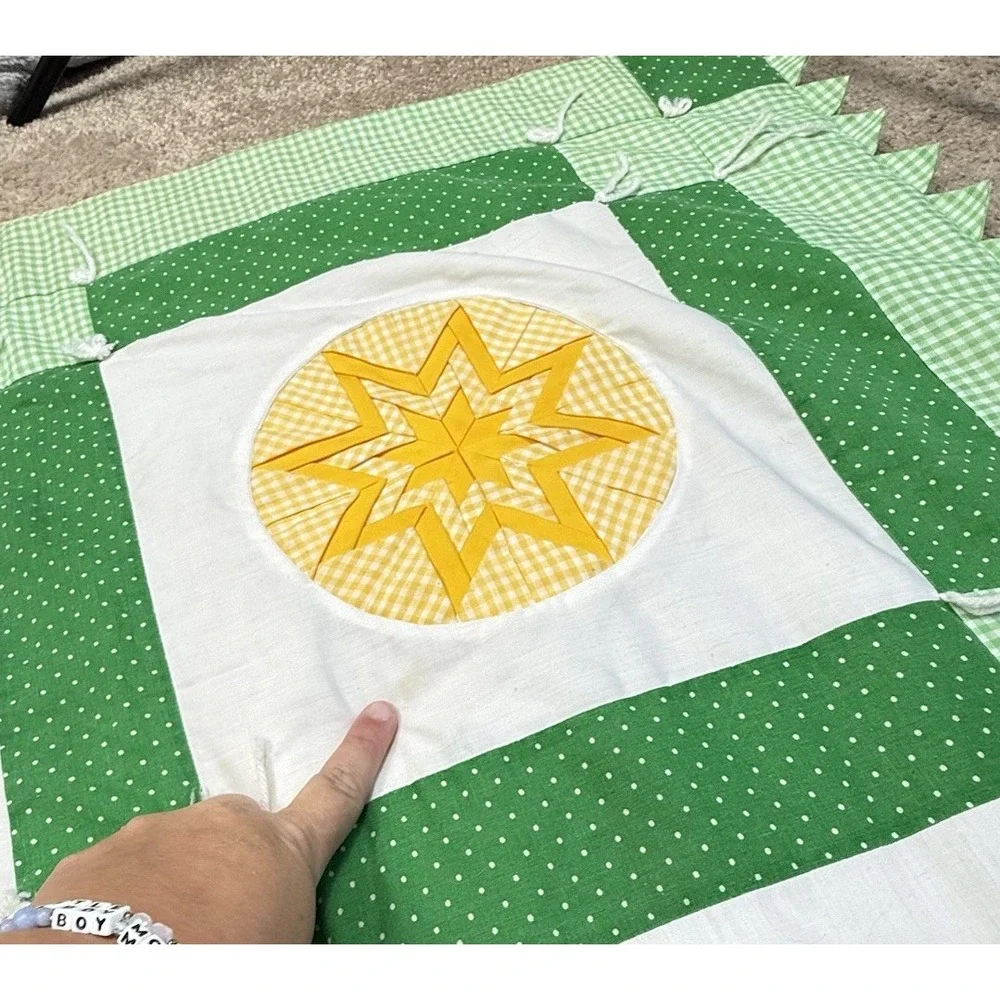 Vintage Handmade Patchwork Quilt Green Star Applique Tied Lap Throw Cottagecore